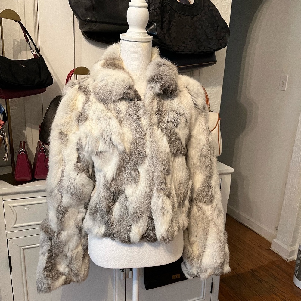 Adrienne Landau Rabbit Fur Jacket White & Grey Like New